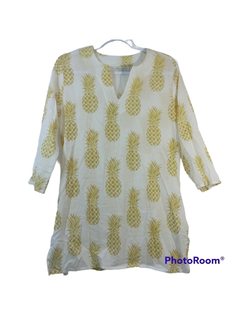 Mahogany Natural White Yellow Pineapple Print Tunic Top Vacation Beach Size M